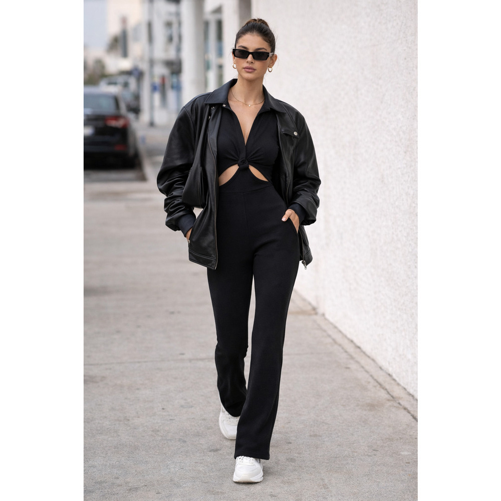 Free People LNA Emily Black Ribbed Cutout Long Sleeve Jumpsuit Size Small